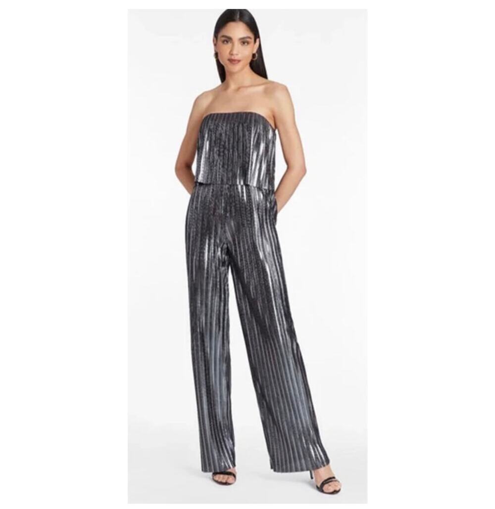 New Amanda uprichard Collina metallic silver strapless jumpsuit